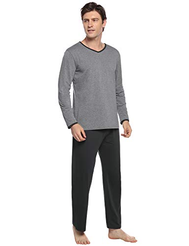 Abollria Pijamas Hombre Algodón 2 Piezas Mangas Larga Pantalon Largo Invierno Cómodo y Agradable (XXL, Gris Oscuro_3)