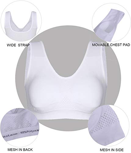 Abollria Sin Anillo De Acero Sujetador Deportivo Mujer Yoga Tipo Chaleco Bra con Almohadillas Extraíbles para Fitness/Run/Ejercicio (L, Blanco)