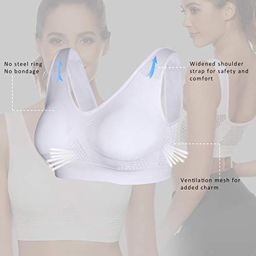 Abollria Sin Anillo De Acero Sujetador Deportivo Mujer Yoga Tipo Chaleco Bra con Almohadillas Extraíbles para Fitness/Run/Ejercicio (L, Blanco)