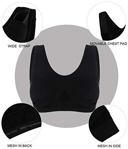 Abollria Sin Anillo De Acero Sujetador Deportivo Mujer Yoga Tipo Chaleco Bra con Almohadillas Extraíbles para Fitness/Run/Ejercicio (M, Negro)