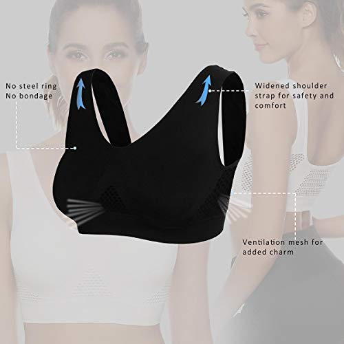 Abollria Sin Anillo De Acero Sujetador Deportivo Mujer Yoga Tipo Chaleco Bra con Almohadillas Extraíbles para Fitness/Run/Ejercicio (M, Negro)