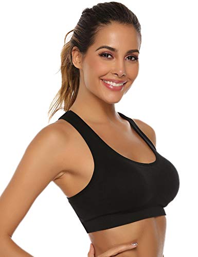 Abollria Sujetador Deportivo para Mujeres, cómodos Suave y Almohadillas Extraíbles,Bra Deporte sin Costuras para Yoga/Fitness/Run/Ejercicio (M Encajar 70DD 70E 75D 80BC 85BC, Negro-1)