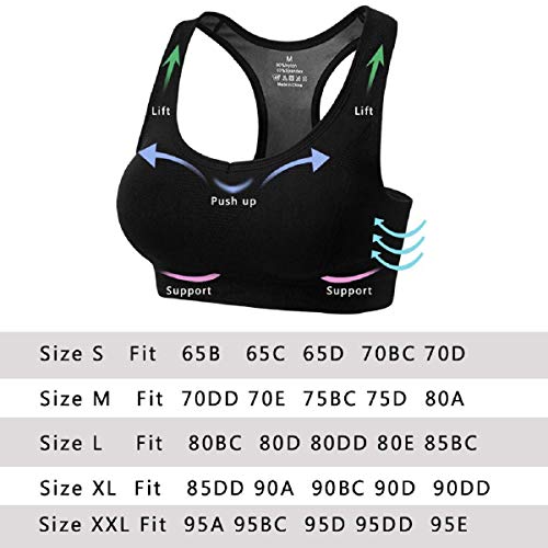 Abollria Sujetador Deportivo para Mujeres, cómodos Suave y Almohadillas Extraíbles,Bra Deporte sin Costuras para Yoga/Fitness/Run/Ejercicio (M Encajar 70DD 70E 75D 80BC 85BC, Negro-1)