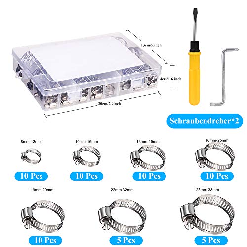Abrazaderas de Manguera de Acero Inoxidable, Mordazas para Tuberías 7 Tamaños 8–38 mm 60 Piezas Clips de Tubería con 2 Destornilladores Profesionales Ajustables Abrazaderas de Manguera de Acero Inoxidable, Mordazas para Tuberías 7 Tamaños 8–38 mm 60 Piezas Clips de Tubería con 2 Destornilladores Profesionales Ajustables