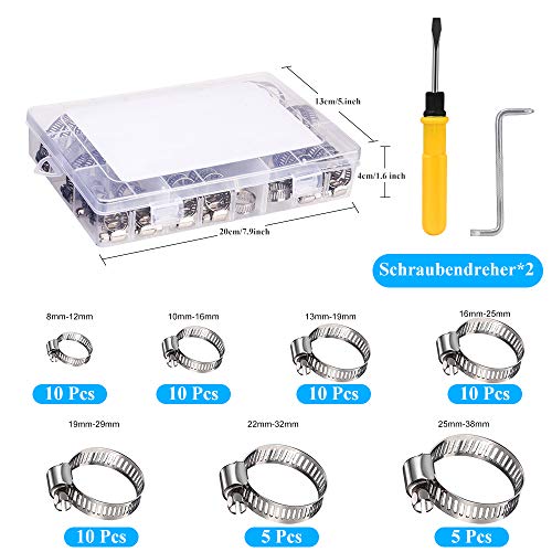 Abrazaderas de Manguera de Acero Inoxidable, Mordazas para Tuberías 7 Tamaños 8–38 mm 60 Piezas Clips de Tubería con 2 Destornilladores Profesionales Ajustables
