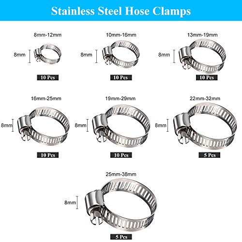 Abrazaderas de Manguera de Acero Inoxidable, Mordazas para Tuberías 7 Tamaños 8–38 mm 60 Piezas Clips de Tubería con 2 Destornilladores Profesionales Ajustables Abrazaderas de Manguera de Acero Inoxidable, Mordazas para Tuberías 7 Tamaños 8–38 mm 60 Piezas Clips de Tubería con 2 Destornilladores Profesionales Ajustables