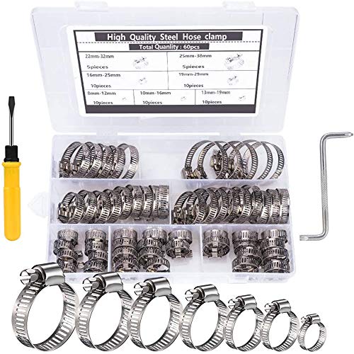 Abrazaderas de Manguera de Acero Inoxidable, Mordazas para Tuberías 7 Tamaños 8–38 mm 60 Piezas Clips de Tubería con 2 Destornilladores Profesionales Ajustables Abrazaderas de Manguera de Acero Inoxidable, Mordazas para Tuberías 7 Tamaños 8–38 mm 60 Piezas Clips de Tubería con 2 Destornilladores Profesionales Ajustables
