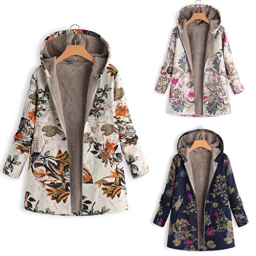 Abrigos para Mujer Invierno Chaqueta Suéter Floral Bolsillos con Capucha Jersey Tallas Grandes Sudadera con Capucha Caliente Y Esponjoso Gruesas Cerrojo De Capa Mantene Lino Ropa riou