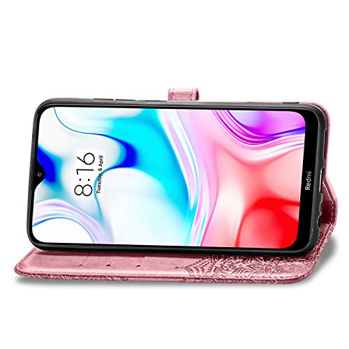 Abuenora Funda para Xiaomi Redmi 8, Carcasa Libro con Tapa Flip Case Antigolpes Golpes Cartera PU Cuero Suave Soporte con Correa Cordel - Mandala Oro Rosa