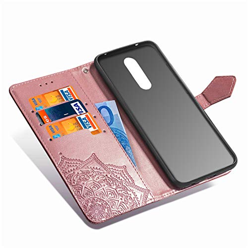 Abuenora Funda para Xiaomi Redmi 8, Carcasa Libro con Tapa Flip Case Antigolpes Golpes Cartera PU Cuero Suave Soporte con Correa Cordel - Mandala Oro Rosa