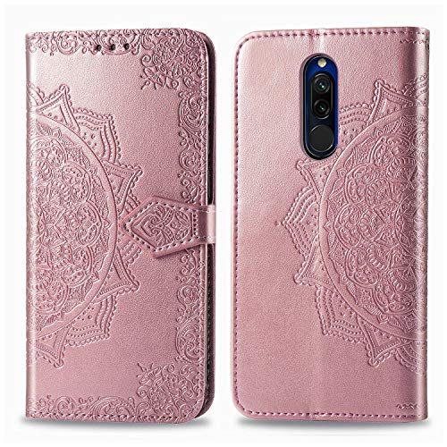 Abuenora Funda para Xiaomi Redmi 8, Carcasa Libro con Tapa Flip Case Antigolpes Golpes Cartera PU Cuero Suave Soporte con Correa Cordel - Mandala Oro Rosa