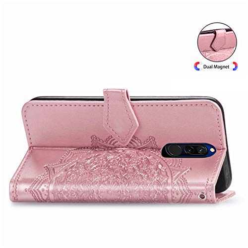 Abuenora Funda para Xiaomi Redmi 8, Carcasa Libro con Tapa Flip Case Antigolpes Golpes Cartera PU Cuero Suave Soporte con Correa Cordel - Mandala Oro Rosa