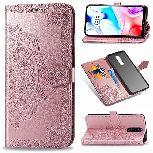 Abuenora Funda para Xiaomi Redmi 8, Carcasa Libro con Tapa Flip Case Antigolpes Golpes Cartera PU Cuero Suave Soporte con Correa Cordel - Mandala Oro Rosa