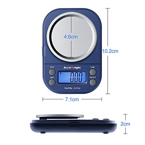 ACCUWEIGHT 255 Mini Báscula de Precisión Digitale para Joyería 300g x 0,01g Balanza de Portátiles Multifuncional con Pantalla LCD Retroiluminada, 6 Unidades, Función de Tara y Conteo (PCS)