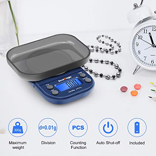 ACCUWEIGHT 255 Mini Báscula de Precisión Digitale para Joyería 300g x 0,01g Balanza de Portátiles Multifuncional con Pantalla LCD Retroiluminada, 6 Unidades, Función de Tara y Conteo (PCS)