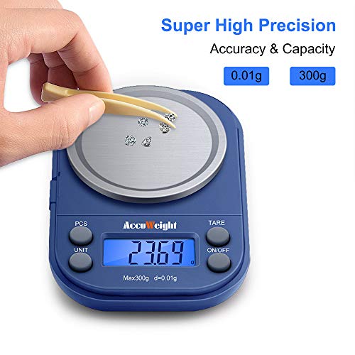 ACCUWEIGHT 255 Mini Báscula de Precisión Digitale para Joyería 300g x 0,01g Balanza de Portátiles Multifuncional con Pantalla LCD Retroiluminada, 6 Unidades, Función de Tara y Conteo (PCS)