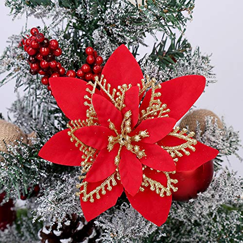 ACDE 10 Piezas 13cm Decoraciones de Flores Navideñas Artificiales Brillo Poinsettia Flores Falsas Adornos árboles Navidad con Clips (Rojo)