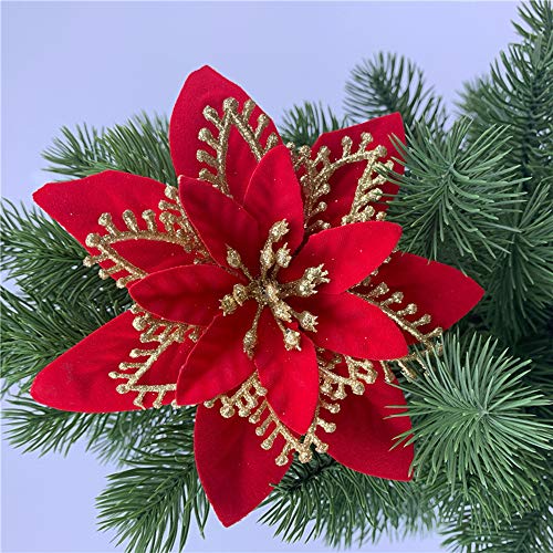 ACDE 10 Piezas 13cm Decoraciones de Flores Navideñas Artificiales Brillo Poinsettia Flores Falsas Adornos árboles Navidad con Clips (Rojo)