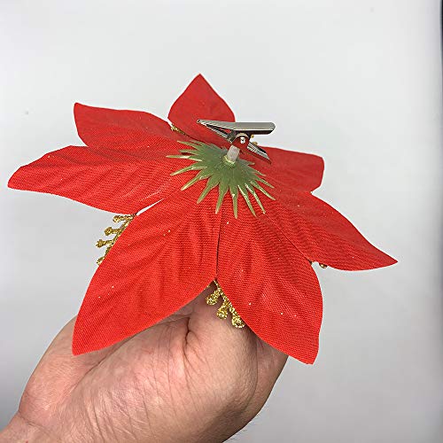 ACDE 10 Piezas 13cm Decoraciones de Flores Navideñas Artificiales Brillo Poinsettia Flores Falsas Adornos árboles Navidad con Clips (Rojo)