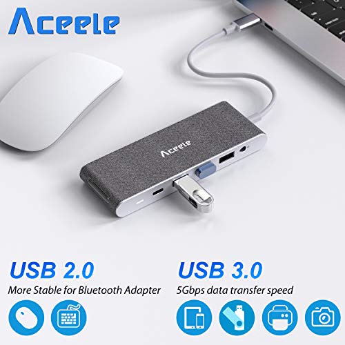 Aceele Hub USB C, 11-en-1 Adaptador USB C a HDMI VGA, 2 USB C (Datos & PD), USB 3.0/USB 2.0, RJ45 Ethernet, Lector de tarjetas SD/TF y Audio, Compatible con macbook pro/air, DELL XPS, Chromebook, etc.