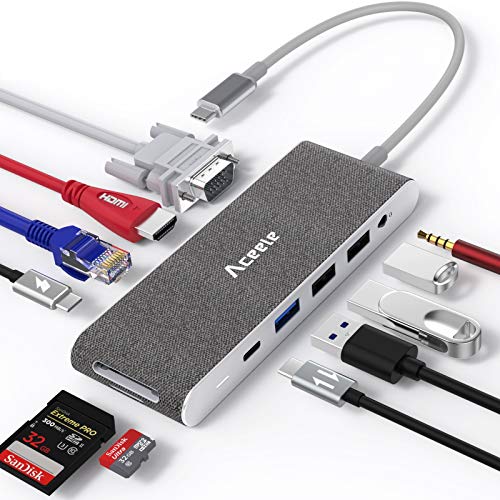 Aceele Hub USB C, 11-en-1 Adaptador USB C a HDMI VGA, 2 USB C (Datos & PD), USB 3.0/USB 2.0, RJ45 Ethernet, Lector de tarjetas SD/TF y Audio, Compatible con macbook pro/air, DELL XPS, Chromebook, etc. Aceele Hub USB C, 11-en-1 Adaptador USB C a HDMI VGA, 2 USB C (Datos & PD), USB 3.0/USB 2.0, RJ45 Ethernet, Lector de tarjetas SD/TF y Audio, Compatible con macbook pro/air, DELL XPS, Chromebook, etc.