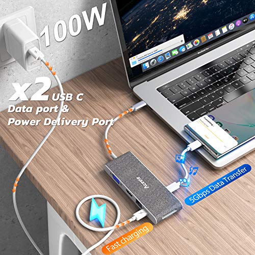 Aceele Hub USB C, 11-en-1 Adaptador USB C a HDMI VGA, 2 USB C (Datos & PD), USB 3.0/USB 2.0, RJ45 Ethernet, Lector de tarjetas SD/TF y Audio, Compatible con macbook pro/air, DELL XPS, Chromebook, etc.