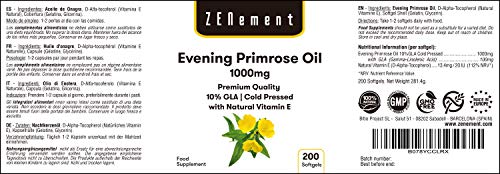 Aceite de Onagra con Vitamina E | 1000 mg x 200 perlas| Calidad Premium, Prensado en frío, 10% GLA | Equilibrio hormonal de las mujeres | Salud de piel y huesos | 100% Natural | de Zenement Aceite de Onagra con Vitamina E | 1000 mg x 200 perlas| Calidad Premium, Prensado en frío, 10% GLA | Equilibrio hormonal de las mujeres | Salud de piel y huesos | 100% Natural | de Zenement