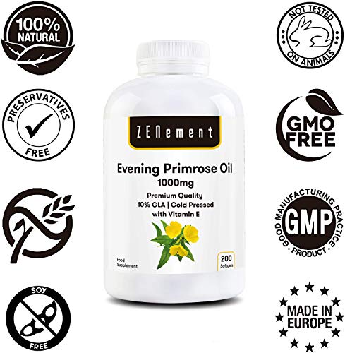 Aceite de Onagra con Vitamina E | 1000 mg x 200 perlas| Calidad Premium, Prensado en frío, 10% GLA | Equilibrio hormonal de las mujeres | Salud de piel y huesos | 100% Natural | de Zenement Aceite de Onagra con Vitamina E | 1000 mg x 200 perlas| Calidad Premium, Prensado en frío, 10% GLA | Equilibrio hormonal de las mujeres | Salud de piel y huesos | 100% Natural | de Zenement