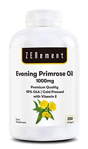 Aceite de Onagra con Vitamina E | 1000 mg x 200 perlas| Calidad Premium, Prensado en frío, 10% GLA | Equilibrio hormonal de las mujeres | Salud de piel y huesos | 100% Natural | de Zenement