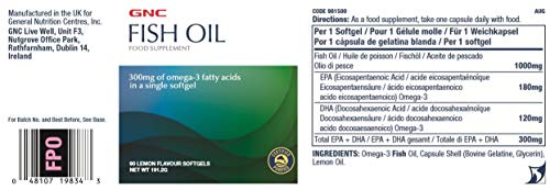 Aceite de pescado GNC 300mg de ácidos grasos Omega-3, 90 cápsulas blandas con sabor a limón, ayuda a la salud del corazón, cerebro, piel, ojos y articulaciones Aceite de pescado GNC 300mg de ácidos grasos Omega-3, 90 cápsulas blandas con sabor a limón, ayuda a la salud del corazón, cerebro, piel, ojos y articulaciones