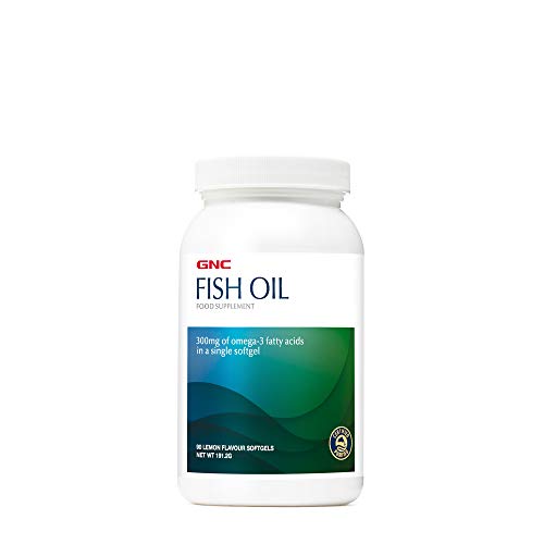 Aceite de pescado GNC 300mg de ácidos grasos Omega-3, 90 cápsulas blandas con sabor a limón, ayuda a la salud del corazón, cerebro, piel, ojos y articulaciones