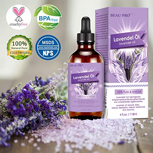 Aceite esencial de lavanda 118 ml, BEAU-PRO 100% puro y natural aceites esenciales, aceite de masaje y aceite aromático para aromaterapia, masaje, ayuda para dormir Aceite esencial de lavanda 118 ml, BEAU-PRO 100% puro y natural aceites esenciales, aceite de masaje y aceite aromático para aromaterapia, masaje, ayuda para dormir