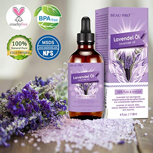 Aceite esencial de lavanda 118 ml, BEAU-PRO 100% puro y natural aceites esenciales, aceite de masaje y aceite aromático para aromaterapia, masaje, ayuda para dormir