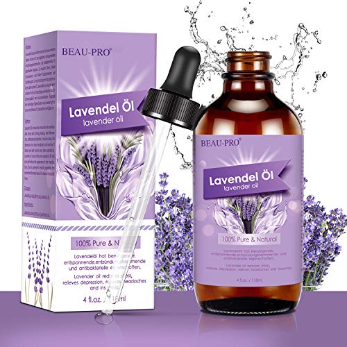 Aceite esencial de lavanda 118 ml, BEAU-PRO 100% puro y natural aceites esenciales, aceite de masaje y aceite aromático para aromaterapia, masaje, ayuda para dormir