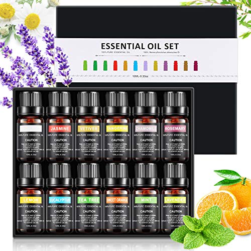 Aceites Esenciales, 12 Aceites Set 100% Puros y Naturales Aromaterapia Aceites Esenciales(Lavanda, árbol de té, menta, naranja dulce, limón) Masajes, relajarse, Ayuda a dormir, Aromaterapia, Spa