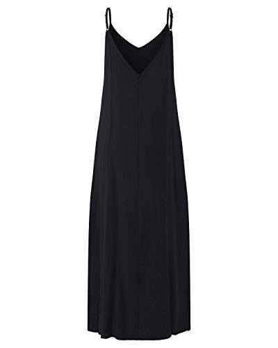 ACHIOOWA Mujer Vestido Elegante Playa Casual Dress Cuello V Sin Manga Túnica Sin Hombros Escote Punto Bolsillo Caftán Oversize Falda Larga Negro 2XL