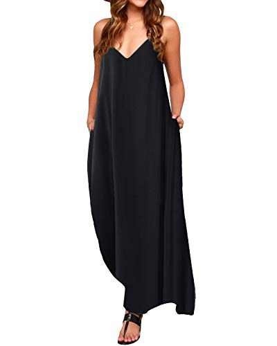 ACHIOOWA Mujer Vestido Elegante Playa Casual Dress Cuello V Sin Manga Túnica Sin Hombros Escote Punto Bolsillo Caftán Oversize Falda Larga Negro 2XL