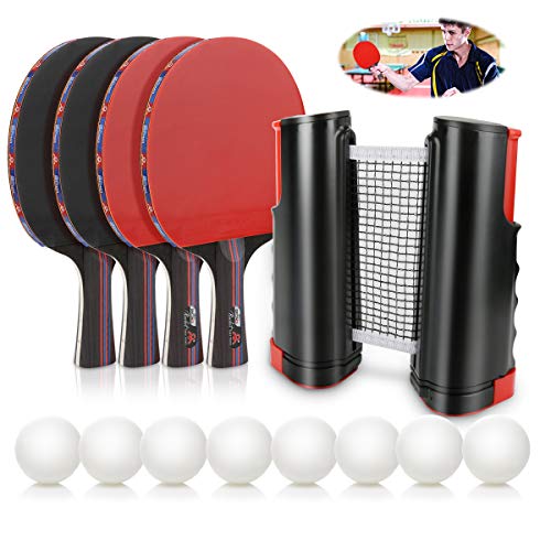 Achort Conjunto de Tenis de Mesa con Red, 4 Raquetas + 8 Bolas/Pelotas de Tenis de Mesa + 1 Red Retráctil, Juego de Tenis de Mesa Portátil para Interior al Aire Libre