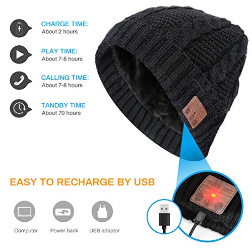 Achort Gorro de invierno de punto, con Bluetooth, música, gorro para hombre y mujer, gorro y pantalla táctil, gorro de invierno cálido con forro polar para patinar, correr, ciclismo