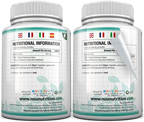 Ácido Hialurónico 300 mg | 90 Cápsulas (Suministro Para 3 Meses) | Tres Veces más Concentrado que Muchas Marcas, por Nu U Nutrition Ácido Hialurónico 300 mg | 90 Cápsulas (Suministro Para 3 Meses) | Tres Veces más Concentrado que Muchas Marcas, por Nu U Nutrition