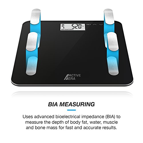 Active Era™ – Báscula de baño ultrafina para medir la grasa corporal. Analizador con% de grasa corporal, IMC, edad, peso y altura (negro)