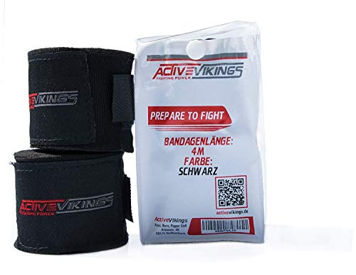 ActiveVikings Vendas de boxeo de 4 m con cierre de velcro, ideales para cualquier tipo de deportes de lucha, kickboxing, Jiu Jitsu Muay-Thai MMA (negro)