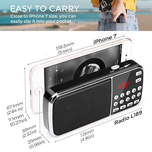 [Actualizado] PRUNUS J-189 Am/FM Radio Portatil Pequeña, Radio Bluetooth con Doble de Altavoces Graves Profundos, Reproductor de TF/USB/AUX / MP3, Linterna LED, con Pilas Recargables (Negro)