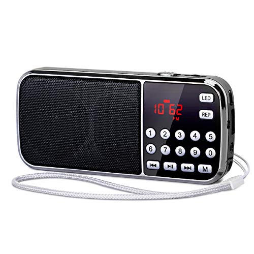 [Actualizado] PRUNUS J-189 Am/FM Radio Portatil Pequeña, Radio Bluetooth con Doble de Altavoces Graves Profundos, Reproductor de TF/USB/AUX / MP3, Linterna LED, con Pilas Recargables (Negro)