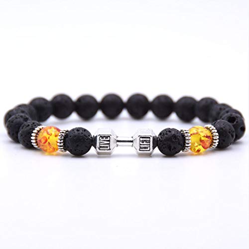 ADGJL Pulsera De Piedra Mujer,7 Chakra Piedra De Ámbar Natural Cuentas De Lava Volcánica Pulsera Elástica Yoga Lucky Bangle Silver Dumbbells Jewelry para Unisex