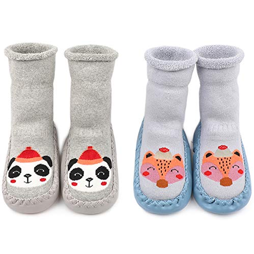 Adorel Calcetines Zapatos Antideslizantes Forros Bebé 2 Pare Azul Zorro & Gris Panda 21-22 (Tamaño del Fabricante 14)