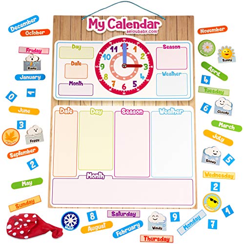 aeioubaby.com Calendario Reloj Magnético Infantil, Juego Educativo Fecha Tiempo y Hora para Pared o Frigorífico, 43x32cm. Caja Cumpleaños de niños en Colegio o Guardería (Inglés).