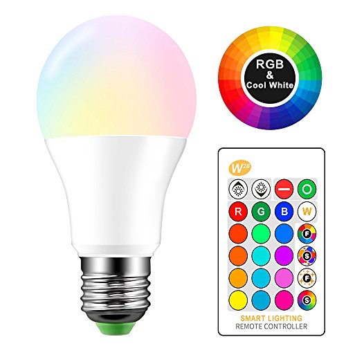 AEUWIER Bombilla de luz que cambia de color,E27 10W Cool White Edison Screw RGBW Bombillas de luz LED con control remoto de 24 teclas,función de memoria,16 colores ajustables(equivalente a 65W)