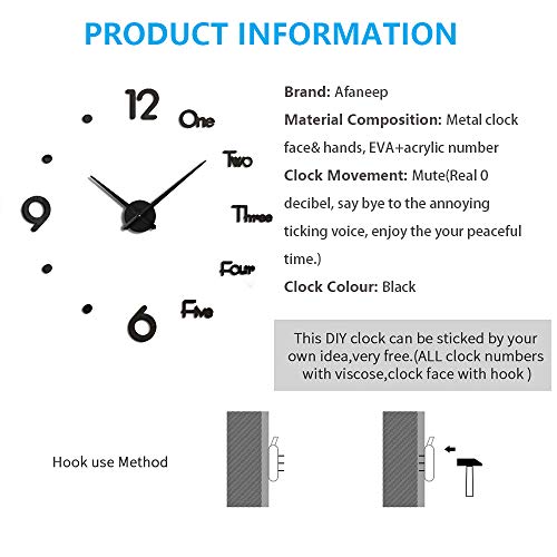 Afaneep Reloj de Pared 3D DIY Silencioso Gran Moderno Reloj sin Marco Adhesivo Etiqueta de Pared Decoración Ideal para la Casa Oficina Hotel - 2 Años de Garantía