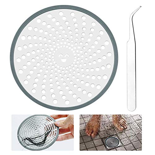 AFASOES Filtro Ducha Pelos 11cm Desague Plato Ducha Filtro Plano Plato de Ducha Acero Inoxidable 304 Filtro de Rejilla Desague Plato Ducha con Borde de Silicona para Baño Ducha Lavabo Inodoro + Pinza